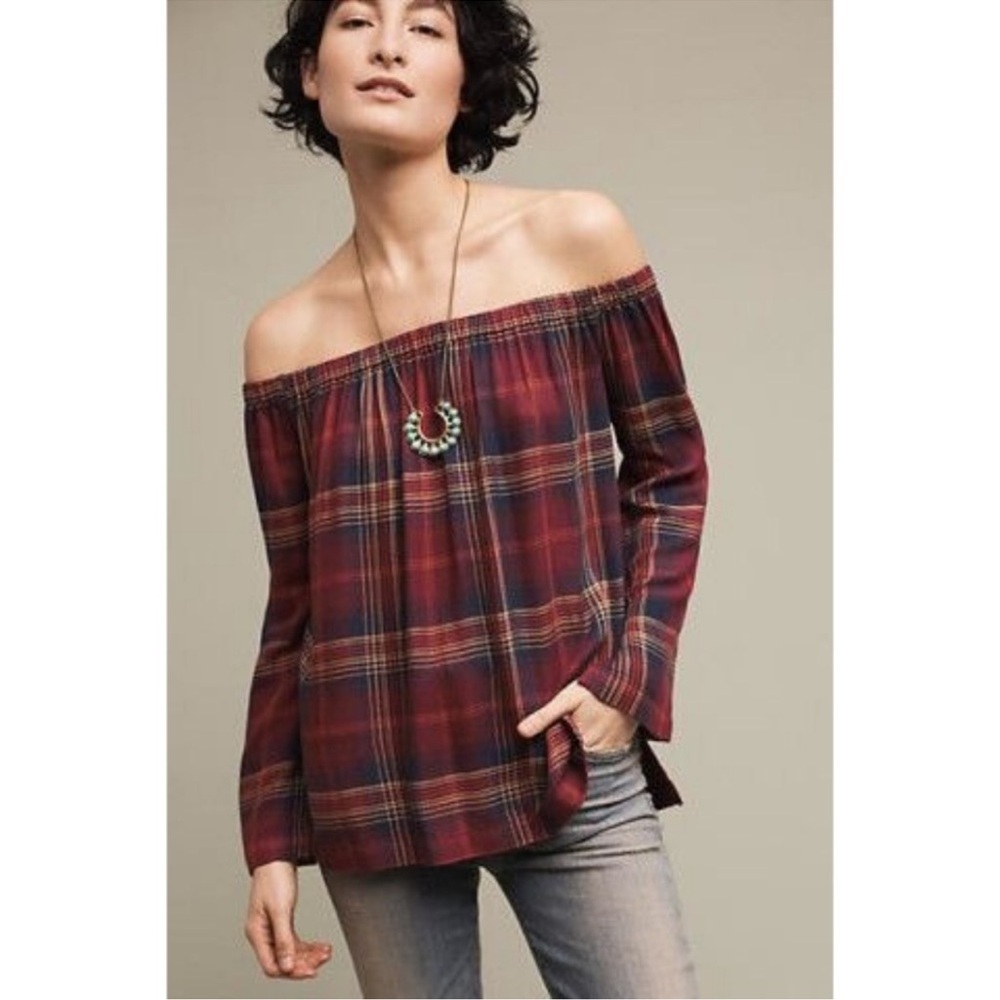 Cloth & Stone for Anthropologie Red Plaid Off Shoulder Top Shirt Blouse Small S